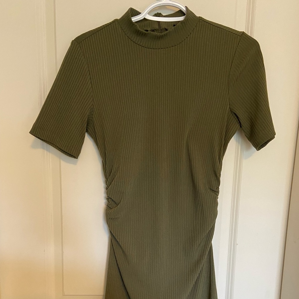 ** maternity** or NOT- Olive Green Mock-neck, ruched, midi